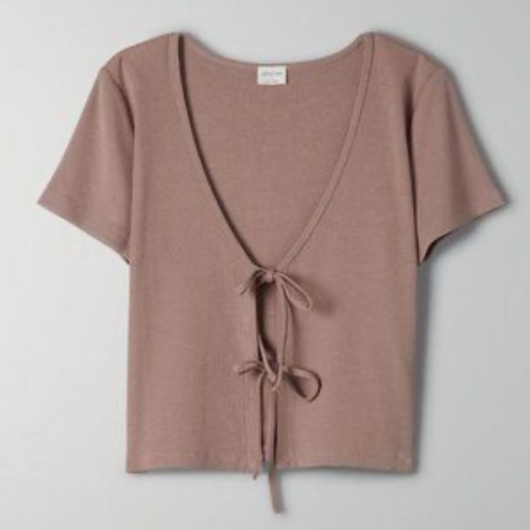 Aritzia Wilfred Free Only Tie Front T-Shirt in Yucca Green and Light Brown - Picture 4 of 6